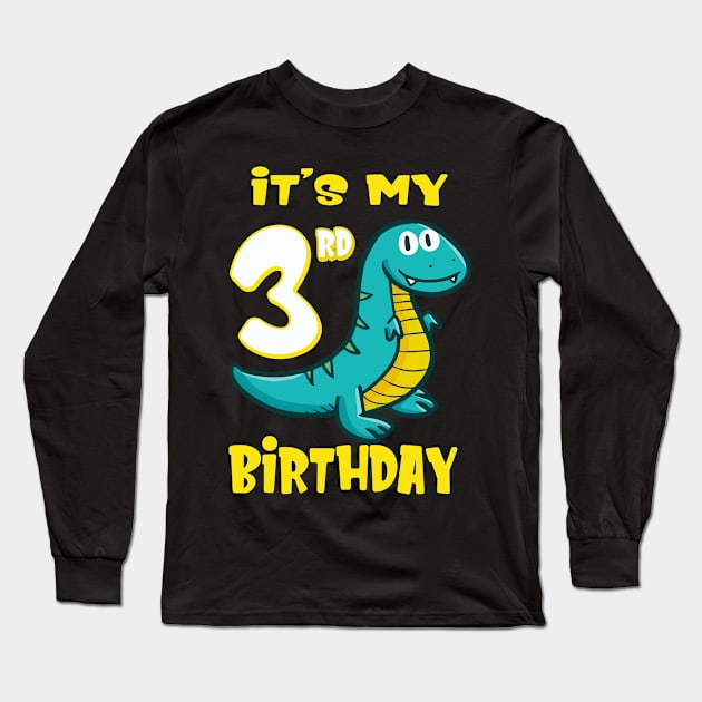 Cute Dinosaur 3rd Birthday Shirt Boys Long Sleeve T-Shirt by Foxxy Merch